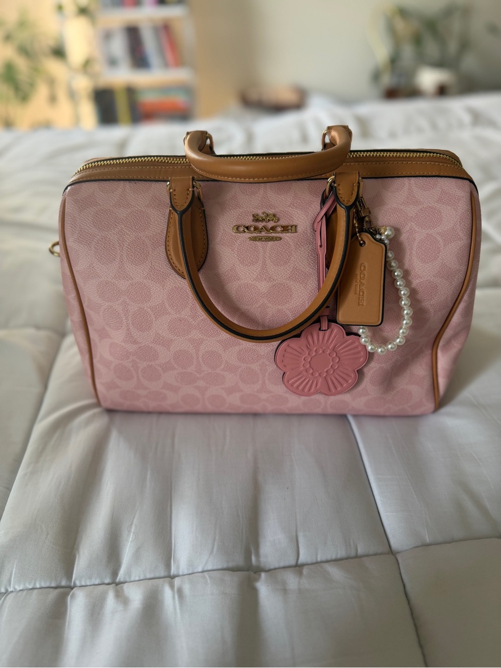 Coach Pink Signature Satchel with Floral Tag and Pearl Accents - Picture 2 of 10